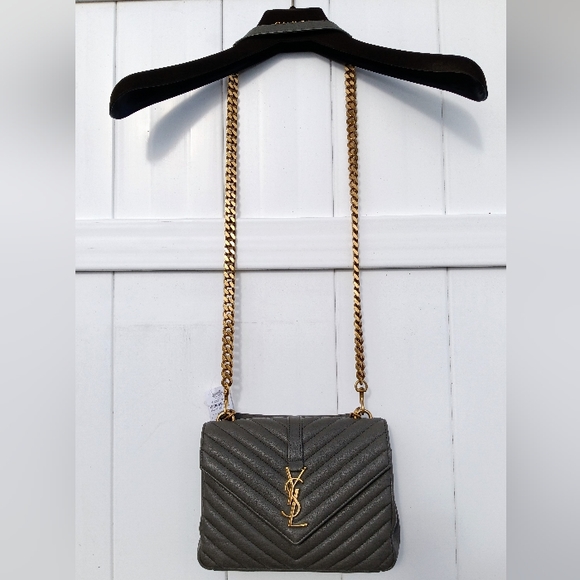 NEW SAINT LAURENT COLLEGE MEDIUM CHAIN BAG IN QUILTED LEATHER GREY GOLD - Picture 7 of 16
